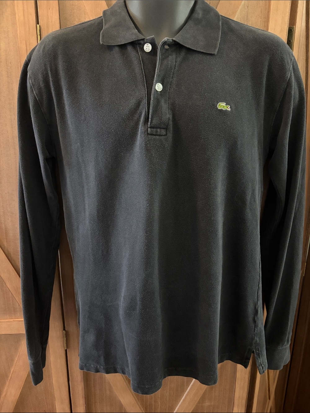 LACOSTE Long Sleeve Polo Vintage Large Embroidered Back Crocodile Black SIZE 4/M